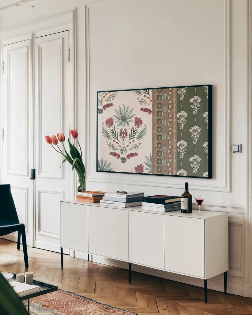 Impressions II by Dina June. shown as a framed stretched canvas in a living room above a console. Available as a archival giclee rolled canvas, fine art paper, or poster print. SKU 97775i.