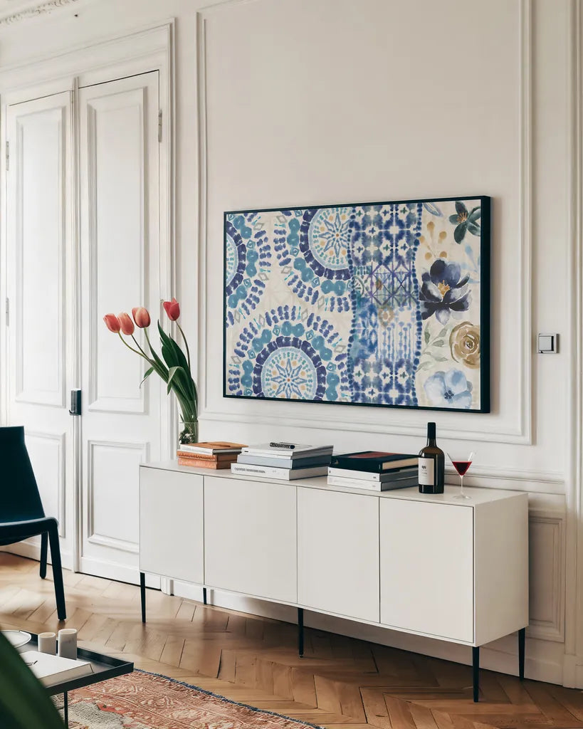 Indigo Splash VI by Dina June. shown as a framed stretched canvas in a living room above a console. Available as a archival giclee rolled canvas, fine art paper, or poster print. SKU 71925i.
