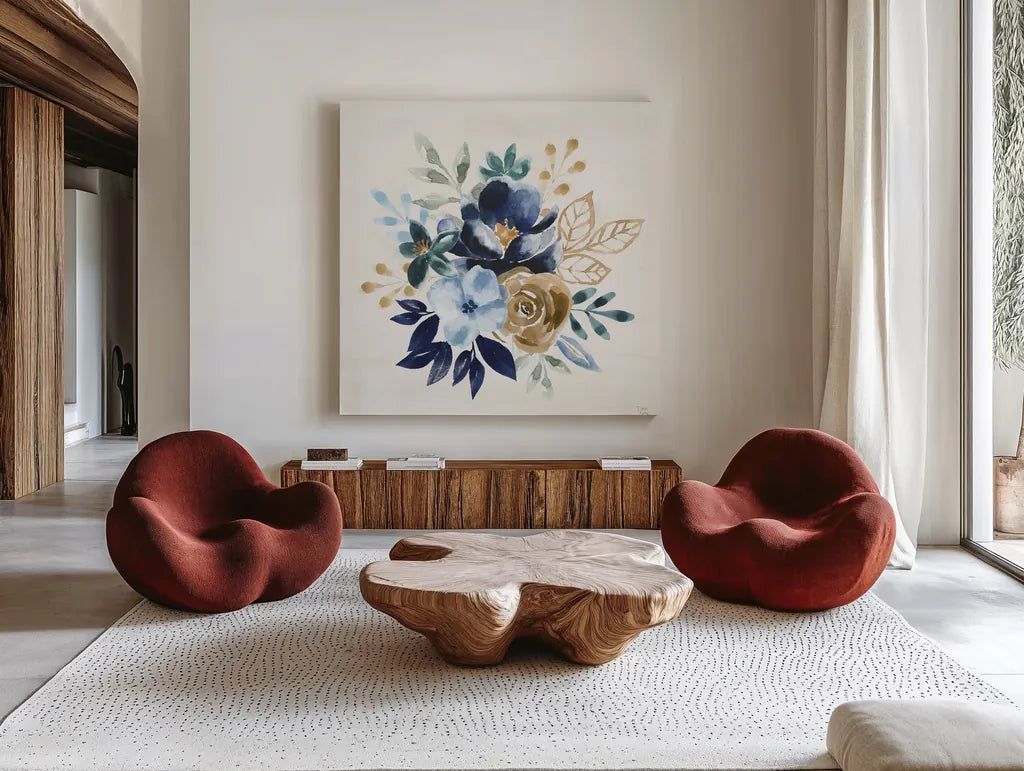 Indigo Splash X by Dina June. Shown as extra-large giant wall art in a modern living room. Available as an archival giclee rolled canvas, fine art paper, or poster print. SKU 71929a.
