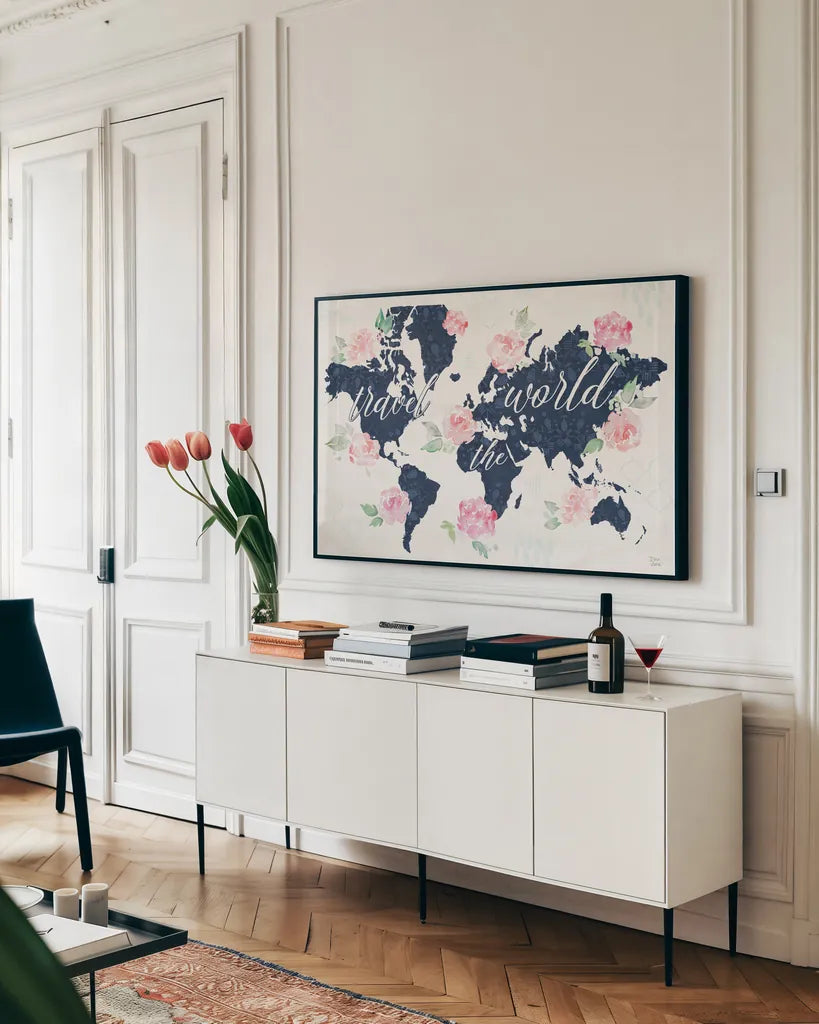 Moroccan Bouquet I by Dina June. shown as a framed stretched canvas in a living room above a console. Available as a archival giclee rolled canvas, fine art paper, or poster print. SKU 61635i.