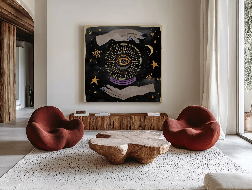 Mystical Times II by Dina June. Shown as extra-large giant wall art in a modern living room. Available as an archival giclee rolled canvas, fine art paper, or poster print. SKU 82964a.