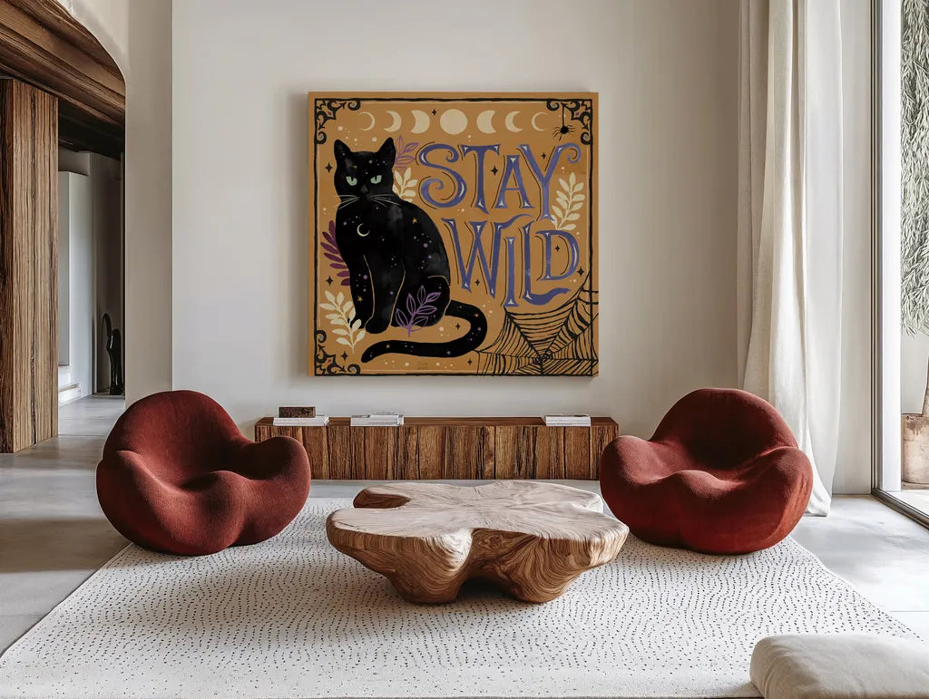 Mystical Times IX by Dina June. Shown as extra-large giant wall art in a modern living room. Available as an archival giclee rolled canvas, fine art paper, or poster print. SKU 82971a.