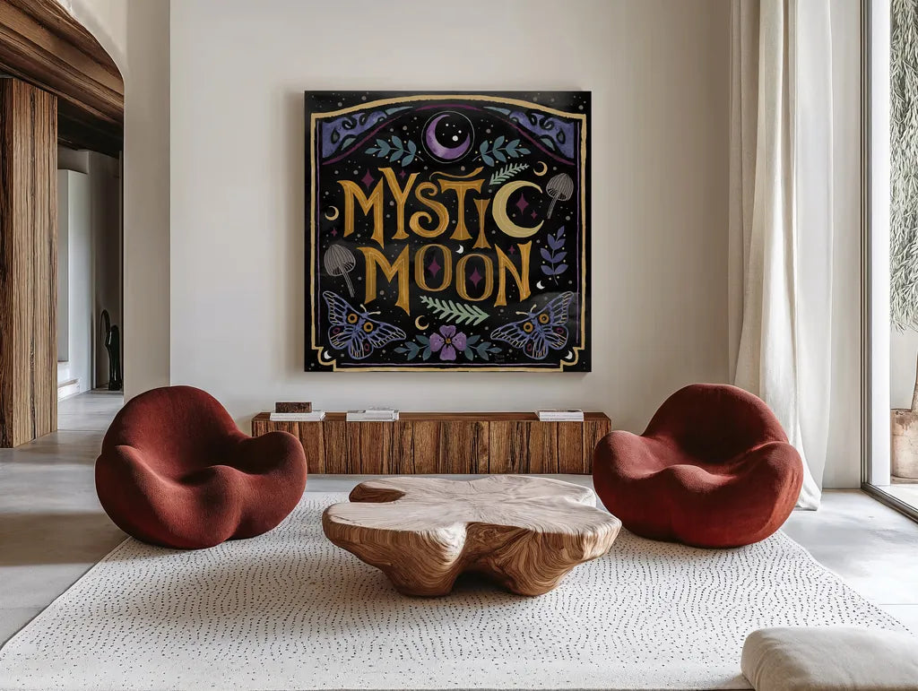 Mystical Times VIII by Dina June. Shown as extra-large giant wall art in a modern living room. Available as an archival giclee rolled canvas, fine art paper, or poster print. SKU 82970a.
