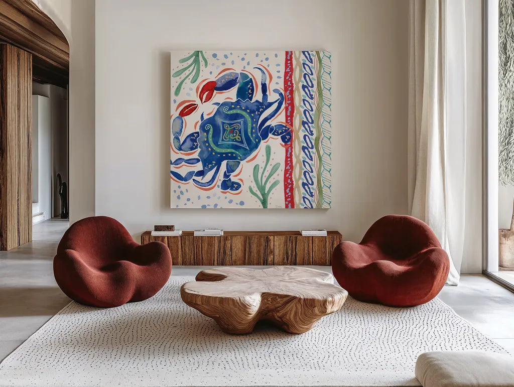 Nautical Vibes IV by Dina June. Shown as extra-large giant wall art in a modern living room. Available as an archival giclee rolled canvas, fine art paper, or poster print. SKU 95034a.