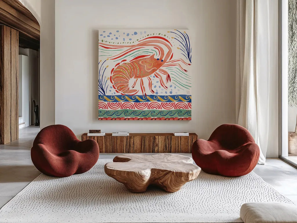 Nautical Vibes V by Dina June. Shown as extra-large giant wall art in a modern living room. Available as an archival giclee rolled canvas, fine art paper, or poster print. SKU 95035a.