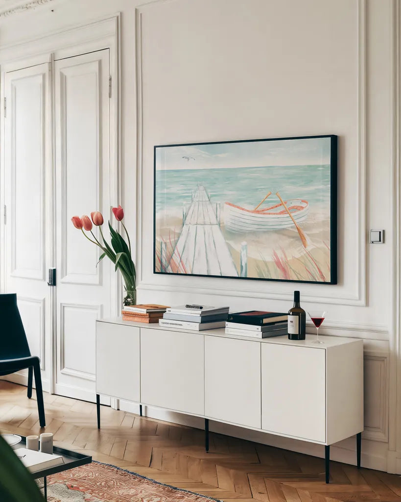 Ocean Breeze II by Dina June. shown as a framed stretched canvas in a living room above a console. Available as a archival giclee rolled canvas, fine art paper, or poster print. SKU 77723i.
