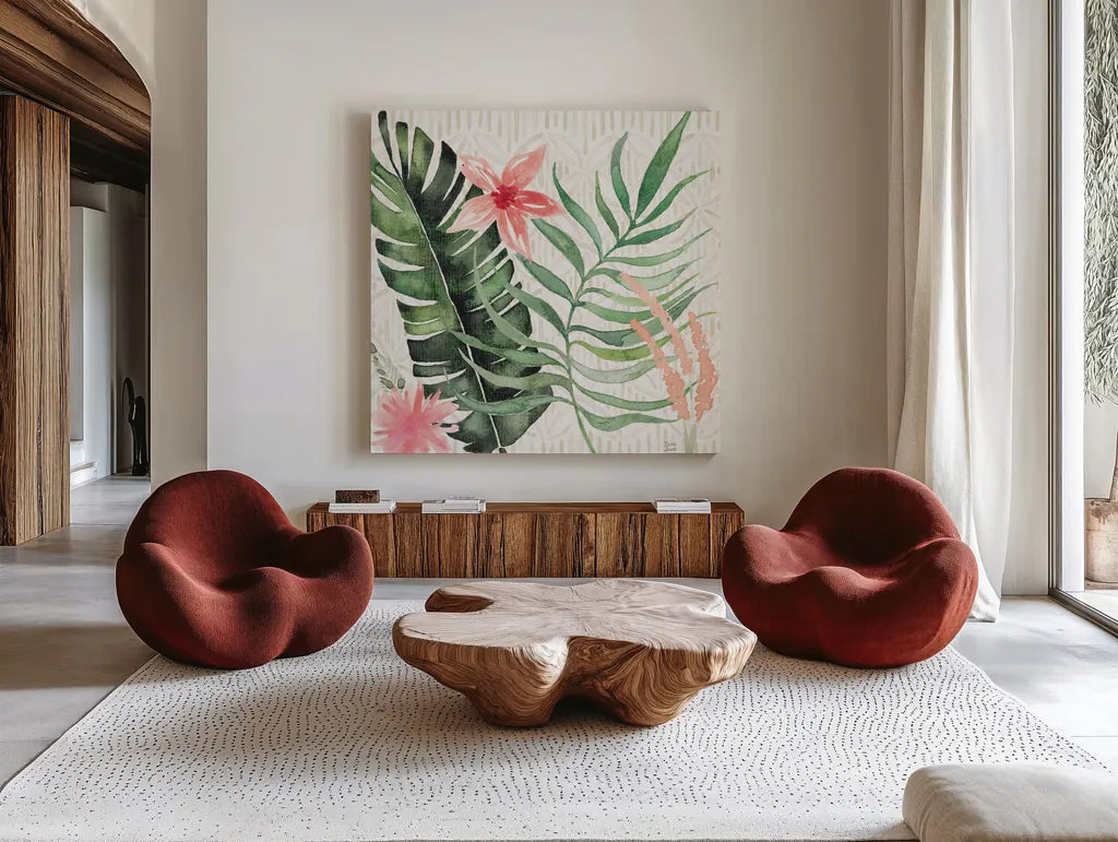 Paradise Petals II by Dina June. Shown as extra-large giant wall art in a modern living room. Available as an archival giclee rolled canvas, fine art paper, or poster print. SKU 56881a.