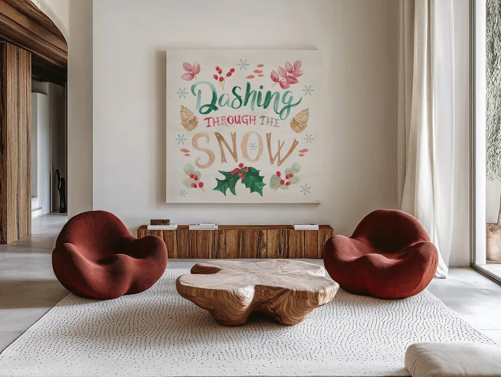 Snowy Critters VI by Dina June. Shown as extra-large giant wall art in a modern living room. Available as an archival giclee rolled canvas, fine art paper, or poster print. SKU 83426a.