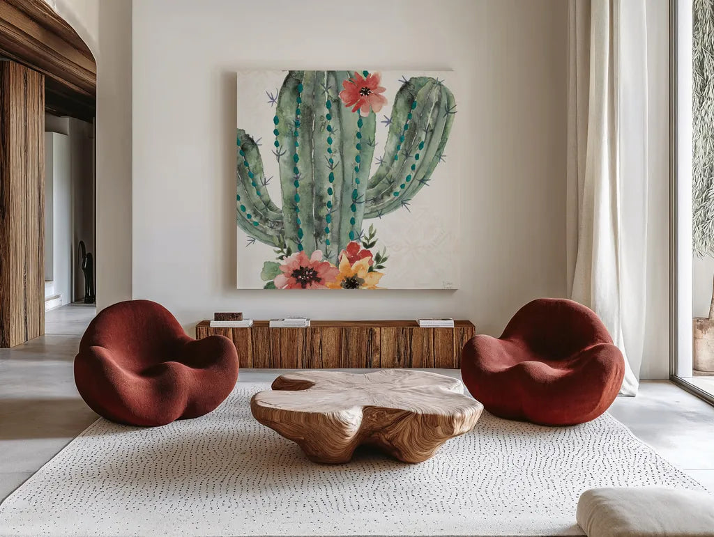 Sweet Southwest II by Dina June. Shown as extra-large giant wall art in a modern living room. Available as an archival giclee rolled canvas, fine art paper, or poster print. SKU 63096a.
