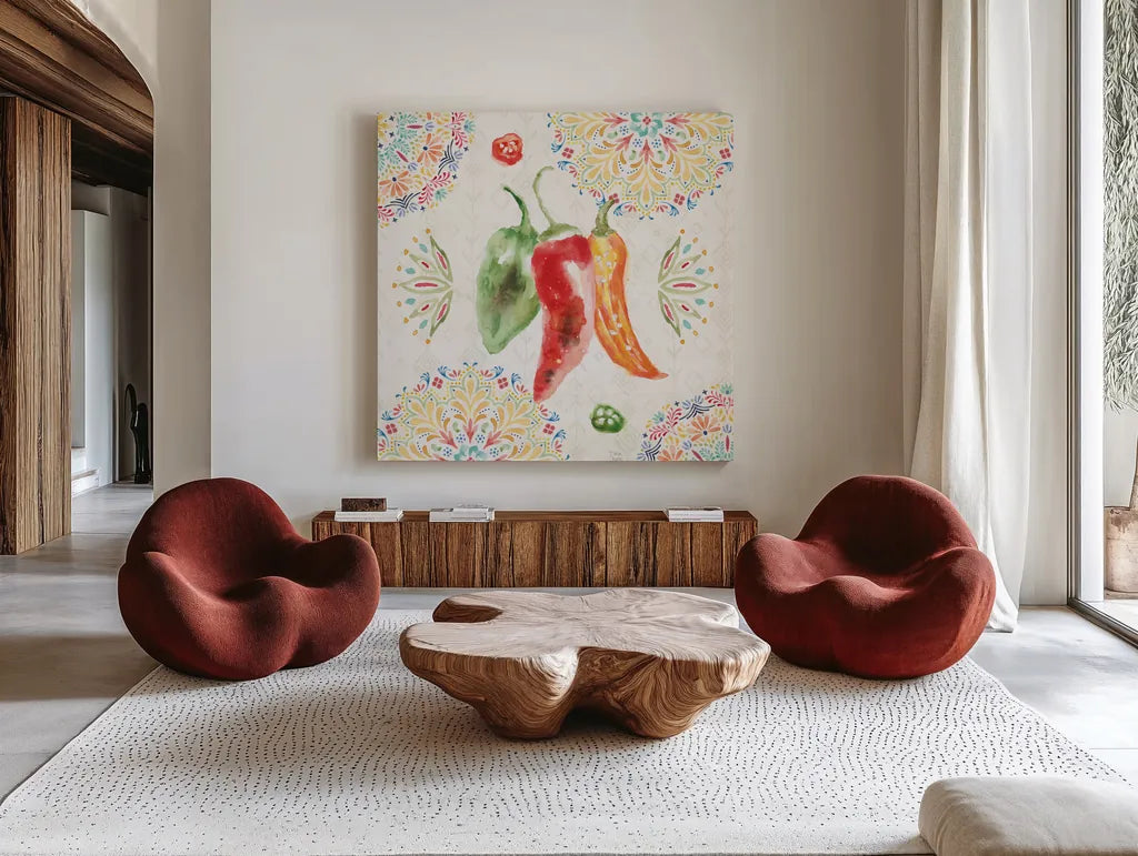 Sweet and Spicy II by Dina June. Shown as extra-large giant wall art in a modern living room. Available as an archival giclee rolled canvas, fine art paper, or poster print. SKU 72350a.