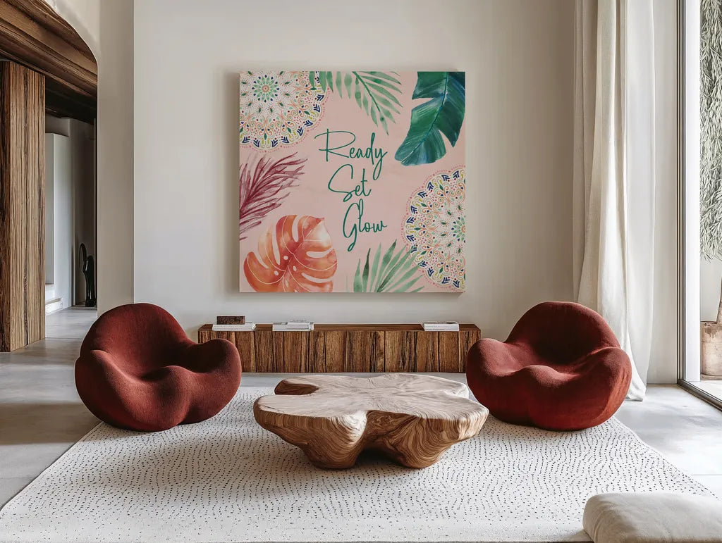 The Tropics VI by Dina June. Shown as extra-large giant wall art in a modern living room. Available as an archival giclee rolled canvas, fine art paper, or poster print. SKU 79692a.
