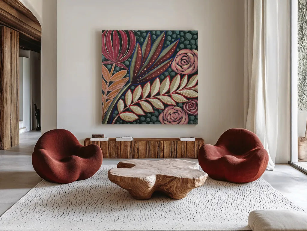 Tropical Florals by Dina June. Shown as extra-large giant wall art in a modern living room. Available as an archival giclee rolled canvas, fine art paper, or poster print. SKU 98014a.