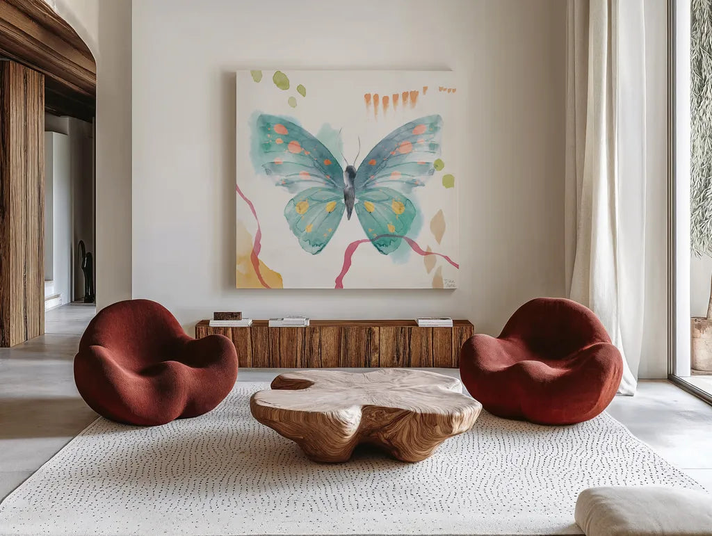Winged Whisper III by Dina June. Shown as extra-large giant wall art in a modern living room. Available as an archival giclee rolled canvas, fine art paper, or poster print. SKU 72935a.