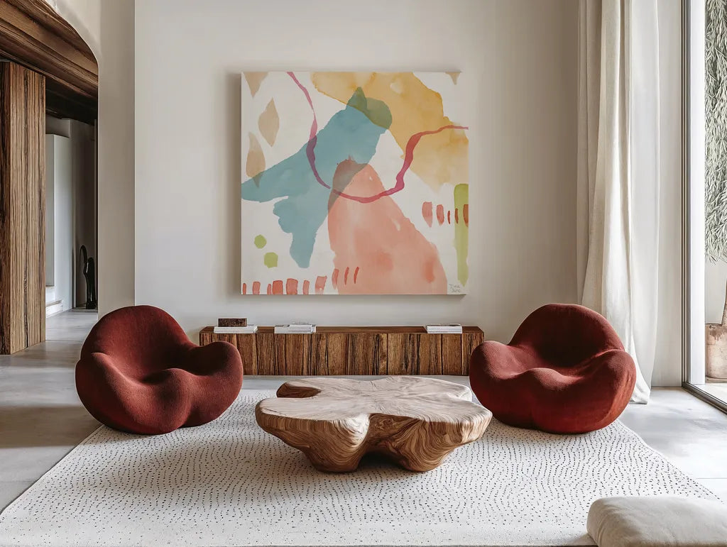 Winged Whisper XI by Dina June. Shown as extra-large giant wall art in a modern living room. Available as an archival giclee rolled canvas, fine art paper, or poster print. SKU 72943a.