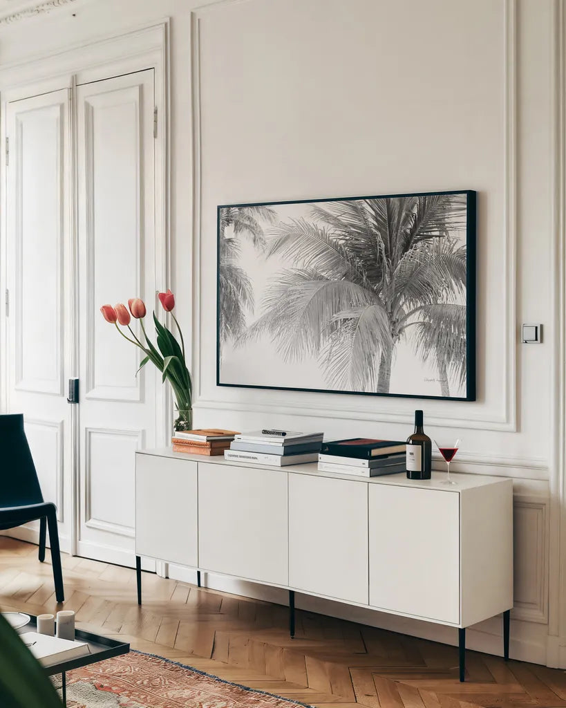 Breezy III by Elizabeth Urquhart. shown as a framed stretched canvas in a living room above a console. Available as a archival giclee rolled canvas, fine art paper, or poster print. SKU 50753i.