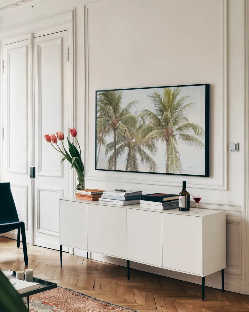 By the Sea II by Elizabeth Urquhart. shown as a framed stretched canvas in a living room above a console. Available as a archival giclee rolled canvas, fine art paper, or poster print. SKU 50750i.