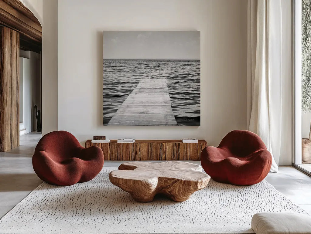 Calm Days I BW Crop by Elizabeth Urquhart. Shown as extra-large giant wall art in a modern living room. Available as an archival giclee rolled canvas, fine art paper, or poster print. SKU 27839a.