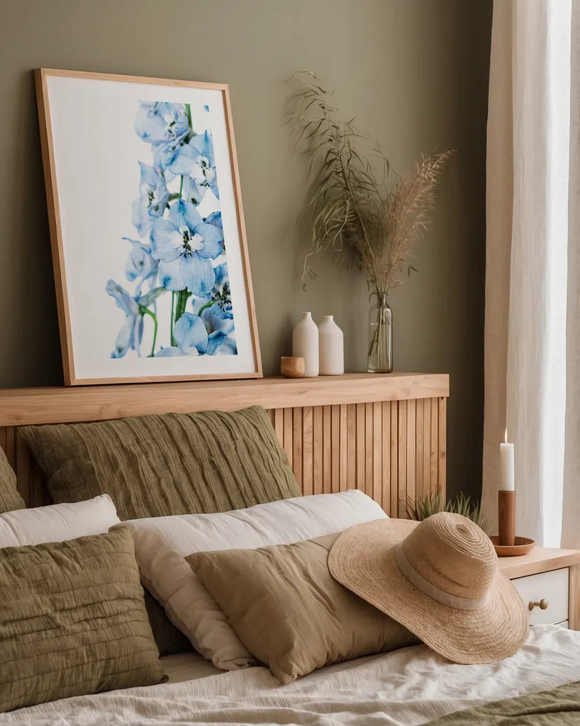 Freshly Picked Delphinium III by Elizabeth Urquhart. shown as a paper print in a natural frame. Available as a archival giclee rolled canvas, fine art paper, or poster print. SKU 67968h.