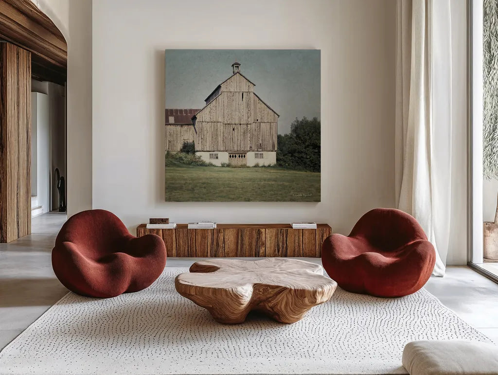Neutral Country IV Crop by Elizabeth Urquhart. Shown as extra-large giant wall art in a modern living room. Available as an archival giclee rolled canvas, fine art paper, or poster print. SKU 22386a.