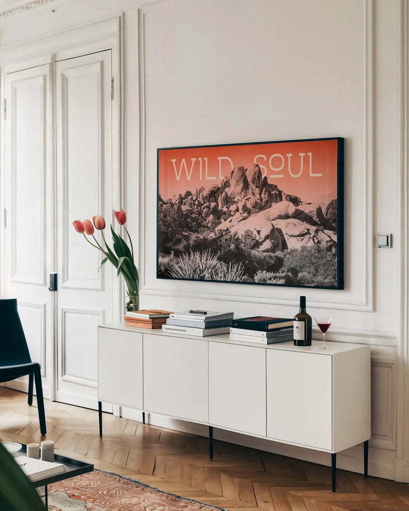 Ombre Adventure II Wild Soul by Elizabeth Urquhart. shown as a framed stretched canvas in a living room above a console. Available as a archival giclee rolled canvas, fine art paper, or poster print. SKU 34483i.