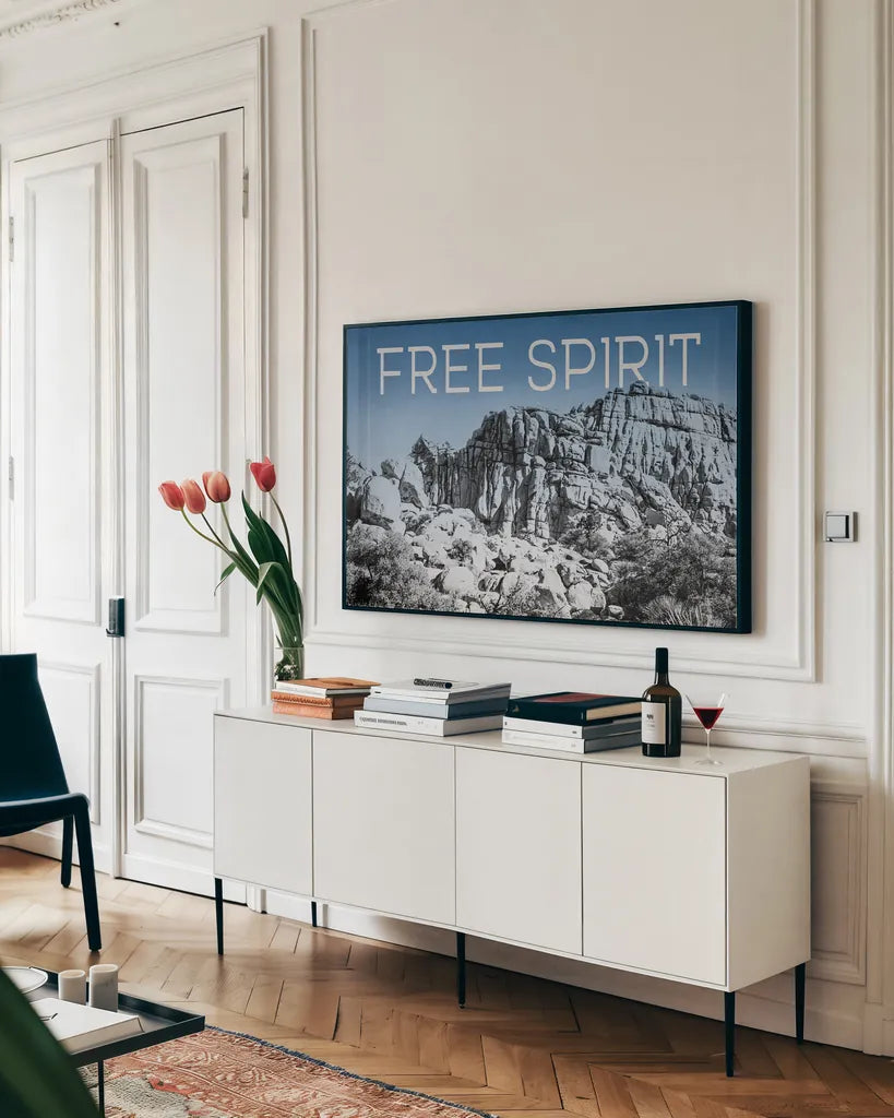 Ombre Adventure VI Free Spirit by Elizabeth Urquhart. shown as a framed stretched canvas in a living room above a console. Available as a archival giclee rolled canvas, fine art paper, or poster print. SKU 34487i.