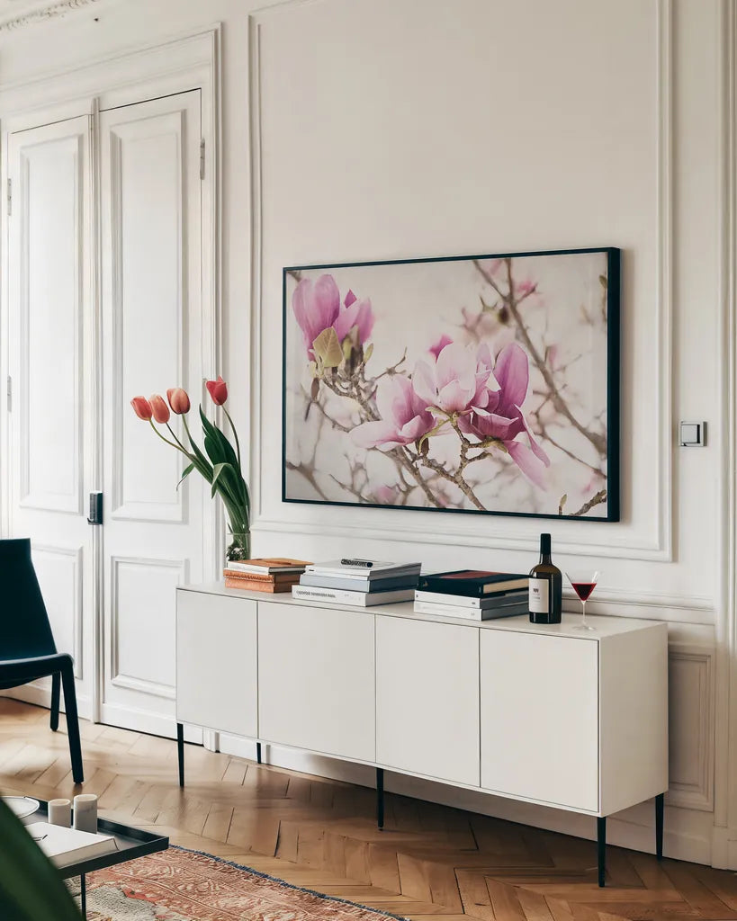 Spring is In the Air III by Elizabeth Urquhart. shown as a framed stretched canvas in a living room above a console. Available as a archival giclee rolled canvas, fine art paper, or poster print. SKU 25514i.