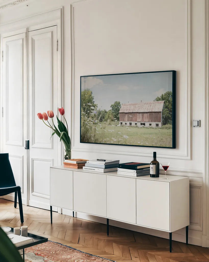 Sun Drenched IV by Elizabeth Urquhart. shown as a framed stretched canvas in a living room above a console. Available as a archival giclee rolled canvas, fine art paper, or poster print. SKU 50762i.