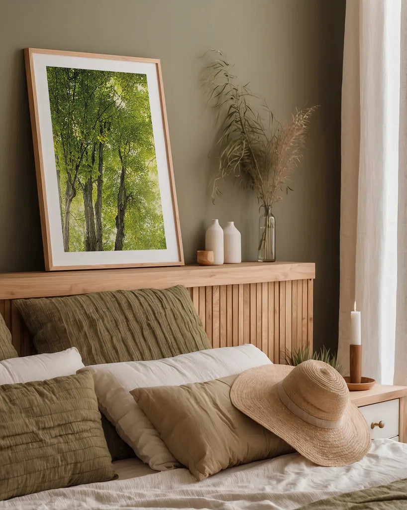 Towering Maples I by Elizabeth Urquhart. shown as a paper print in a natural frame. Available as a archival giclee rolled canvas, fine art paper, or poster print. SKU 30343h.