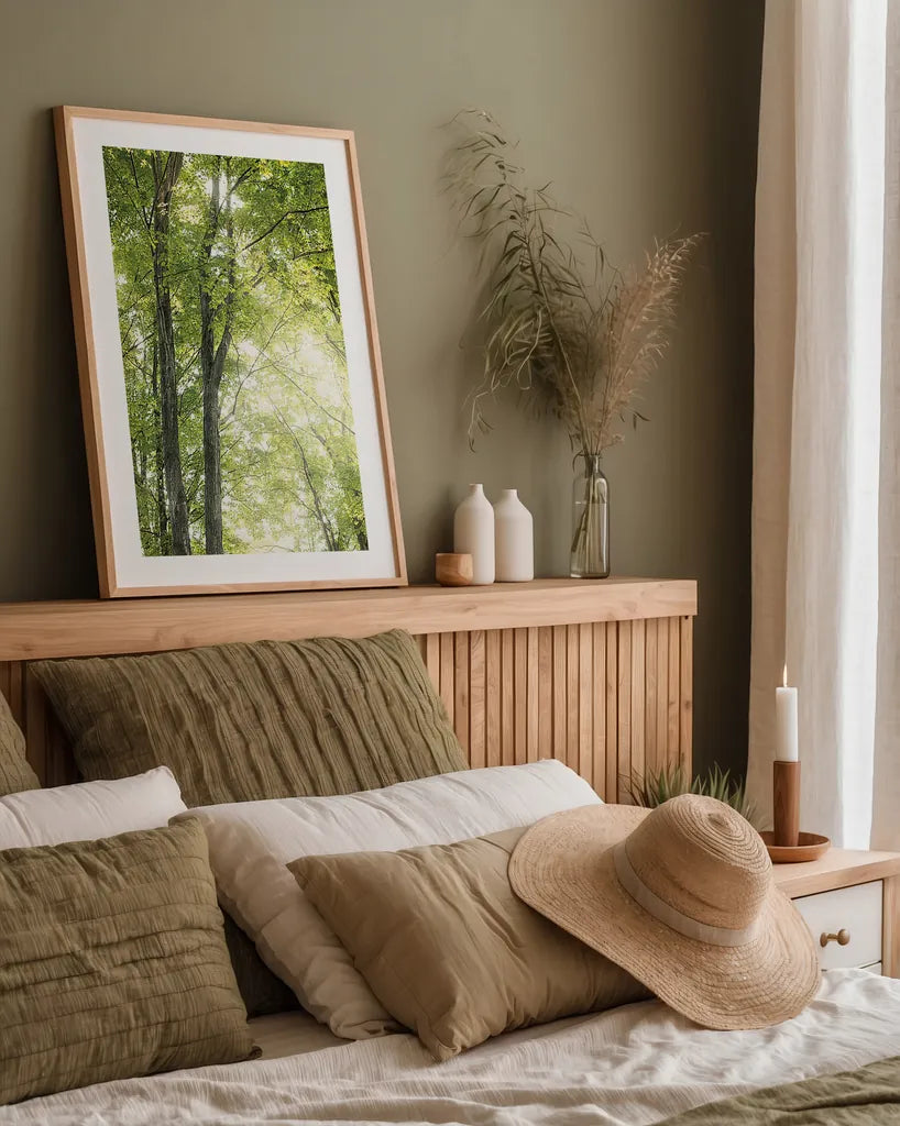 Towering Maples IV by Elizabeth Urquhart. shown as a paper print in a natural frame. Available as a archival giclee rolled canvas, fine art paper, or poster print. SKU 30346h.