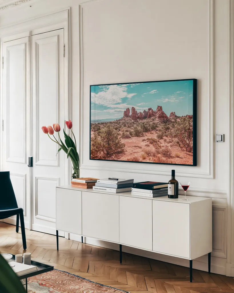 What a View III by Elizabeth Urquhart. shown as a framed stretched canvas in a living room above a console. Available as a archival giclee rolled canvas, fine art paper, or poster print. SKU 67335i.
