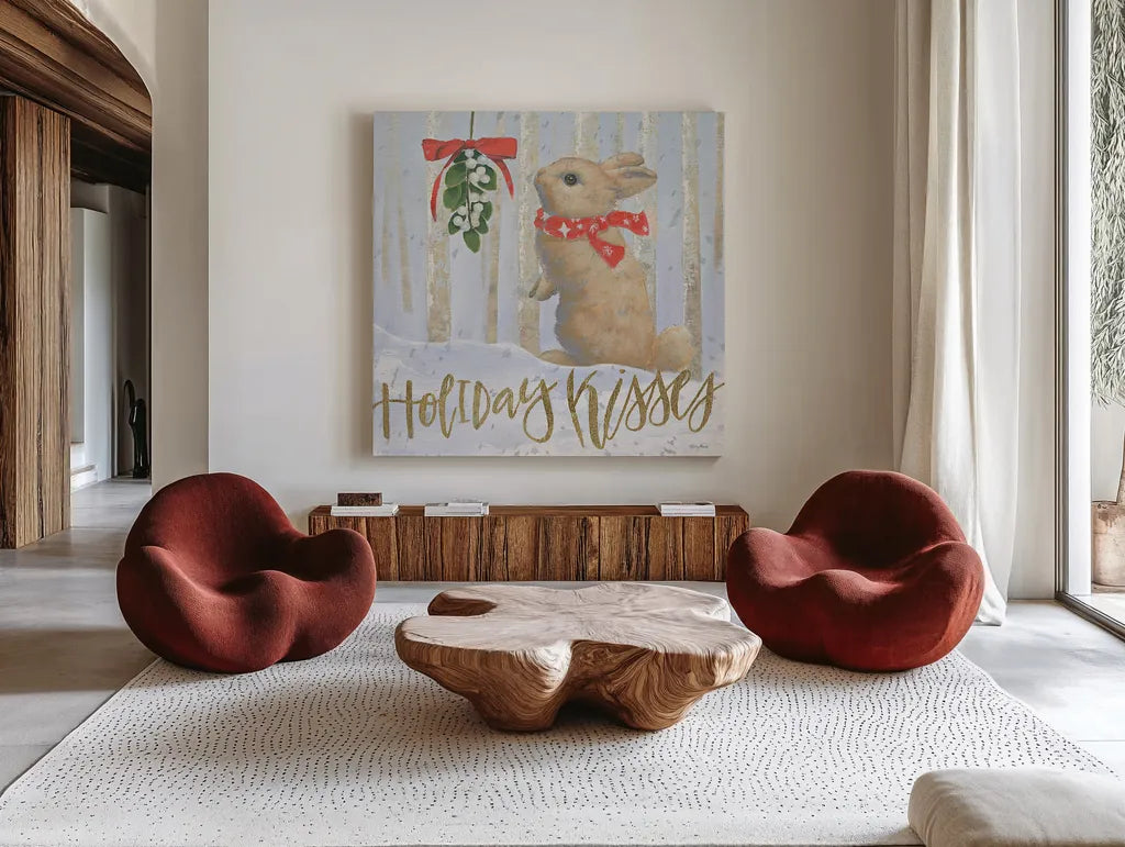 Christmas Critters Bright IV by Emily Adams. Shown as extra-large giant wall art in a modern living room. Available as an archival giclee rolled canvas, fine art paper, or poster print. SKU 49192a.