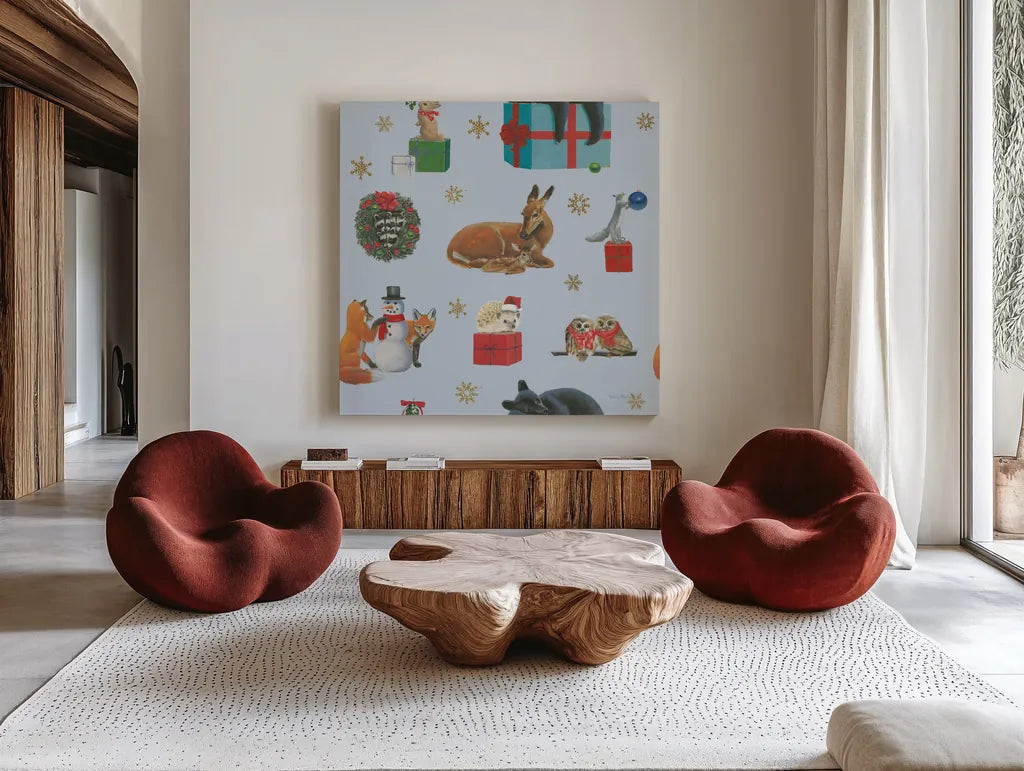 Christmas Critters Bright Pattern IIIA by Emily Adams. Shown as extra-large giant wall art in a modern living room. Available as an archival giclee rolled canvas, fine art paper, or poster print. SKU 49204a.