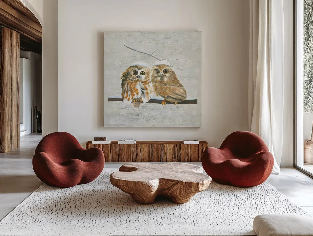 Christmas Critters I by Emily Adams. Shown as extra-large giant wall art in a modern living room. Available as an archival giclee rolled canvas, fine art paper, or poster print. SKU 29325a.