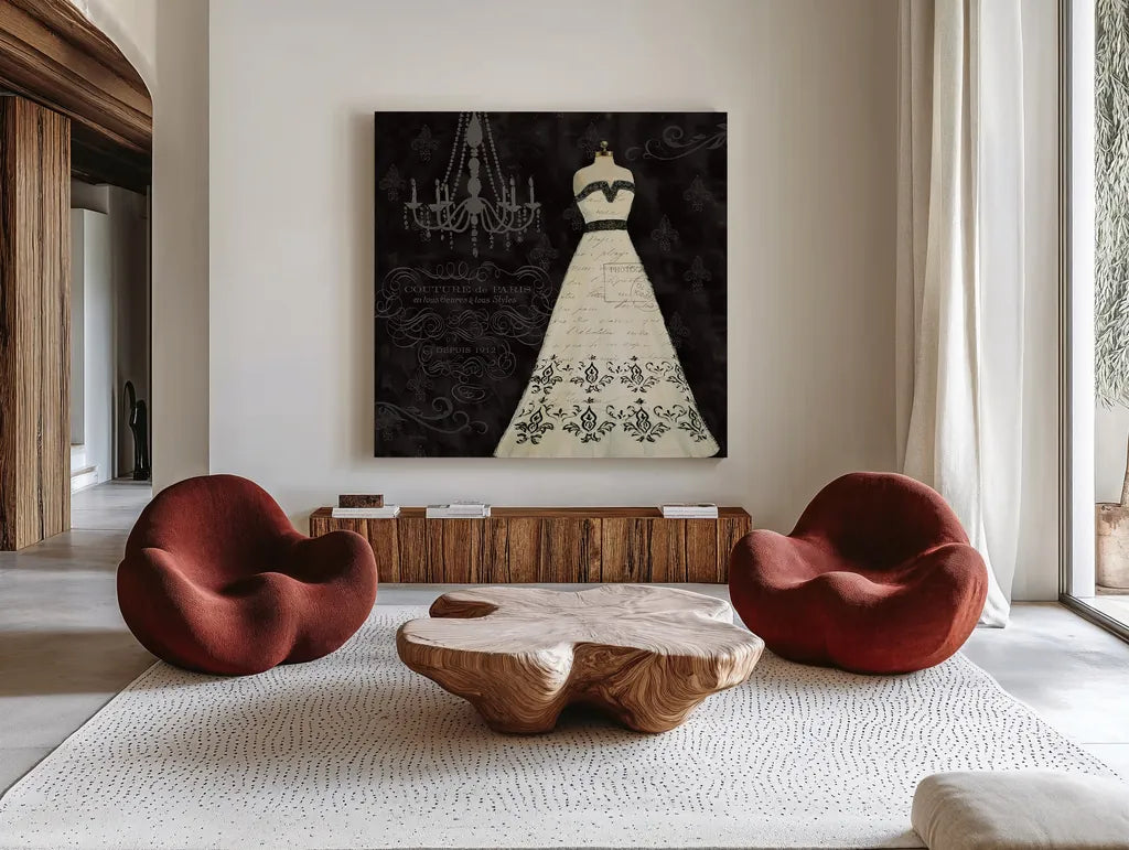 French Couture II by Emily Adams. Shown as extra-large giant wall art in a modern living room. Available as an archival giclee rolled canvas, fine art paper, or poster print. SKU 13843a.