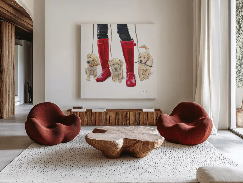 Furry Fashion Friends I by Emily Adams. Shown as extra-large giant wall art in a modern living room. Available as an archival giclee rolled canvas, fine art paper, or poster print. SKU 37317a.