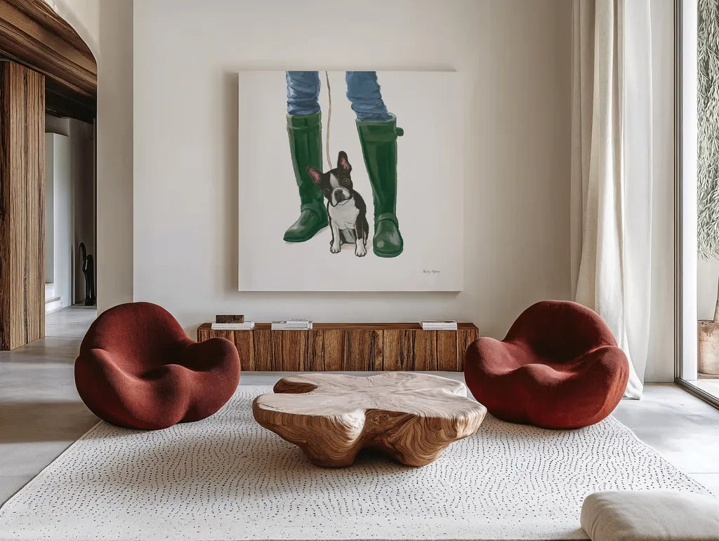 Furry Fashion Friends IX by Emily Adams. Shown as extra-large giant wall art in a modern living room. Available as an archival giclee rolled canvas, fine art paper, or poster print. SKU 86023a.