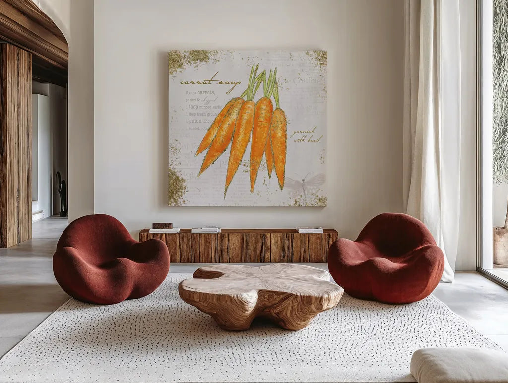 Garden Treasures VIII by Emily Adams. Shown as extra-large giant wall art in a modern living room. Available as an archival giclee rolled canvas, fine art paper, or poster print. SKU 25991a.