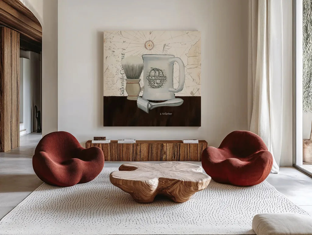 Grooming II by Emily Adams. Shown as extra-large giant wall art in a modern living room. Available as an archival giclee rolled canvas, fine art paper, or poster print. SKU 16852a.