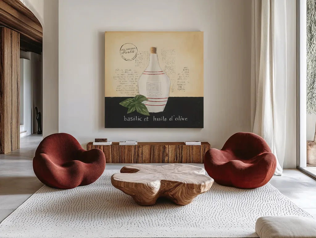 Huile d Olive III by Emily Adams. Shown as extra-large giant wall art in a modern living room. Available as an archival giclee rolled canvas, fine art paper, or poster print. SKU 11372a.