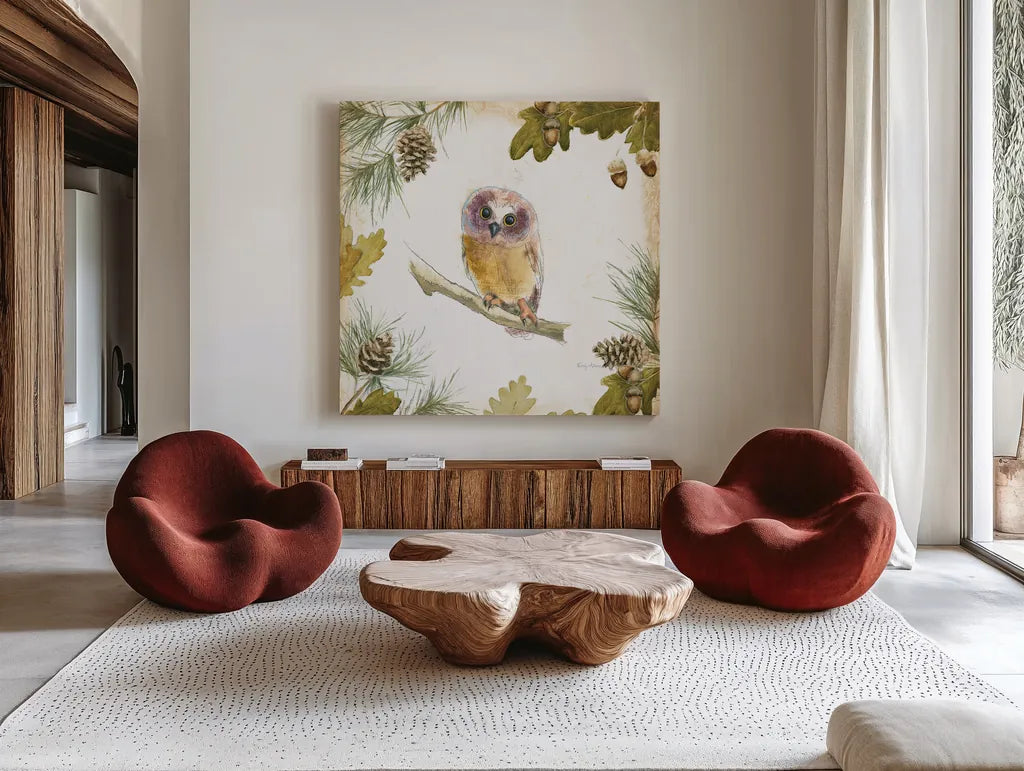 Into the Woods II on White Border by Emily Adams. Shown as extra-large giant wall art in a modern living room. Available as an archival giclee rolled canvas, fine art paper, or poster print. SKU 22865a.
