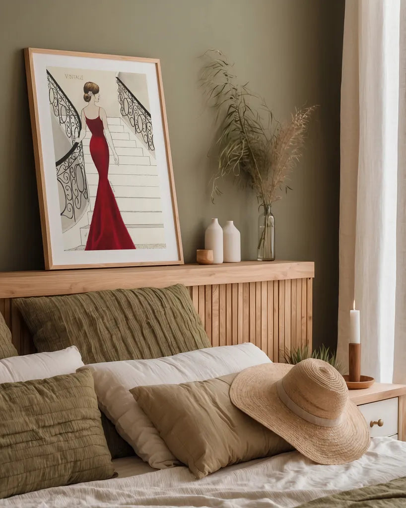 La Belle Rouge Original by Emily Adams. shown as a paper print in a natural frame. Available as a archival giclee rolled canvas, fine art paper, or poster print. SKU 35233h.