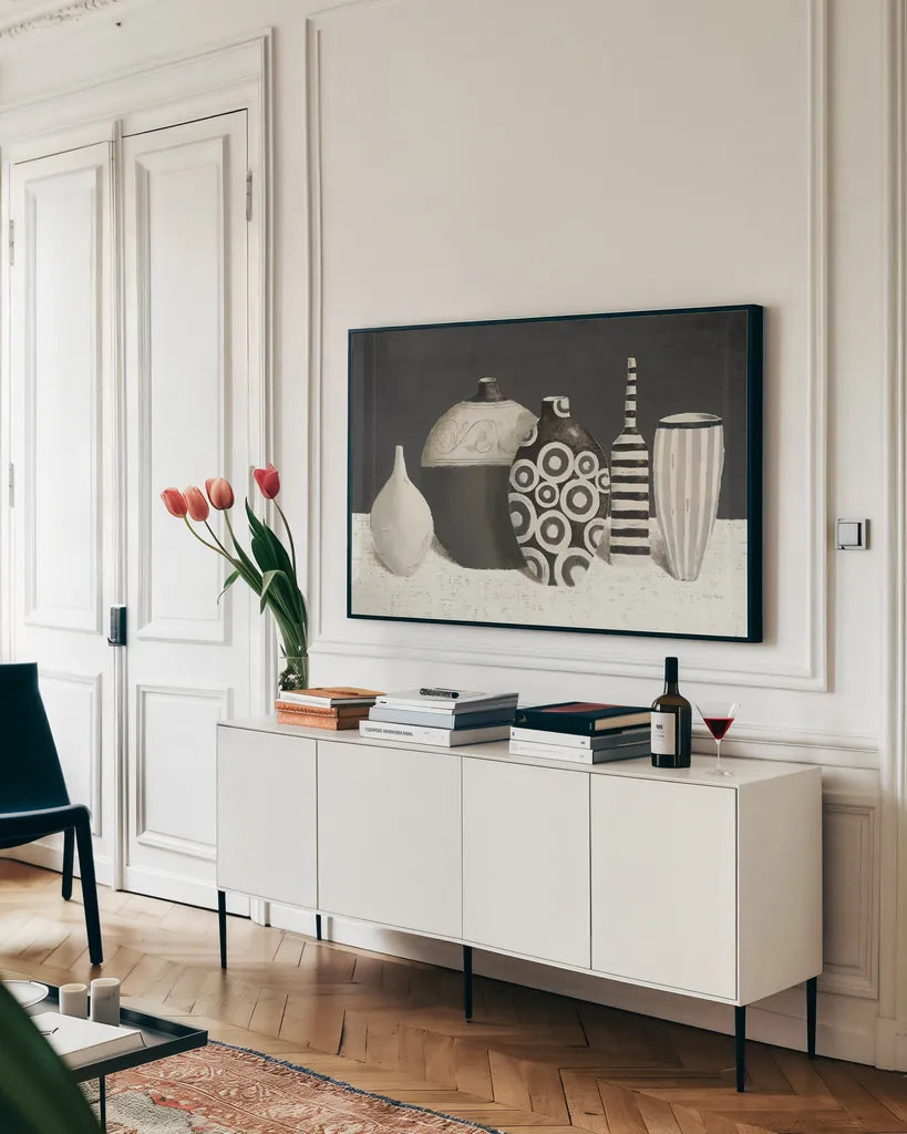 Objet d Art Charcoal by Emily Adams. shown as a framed stretched canvas in a living room above a console. Available as a archival giclee rolled canvas, fine art paper, or poster print. SKU 44133i.