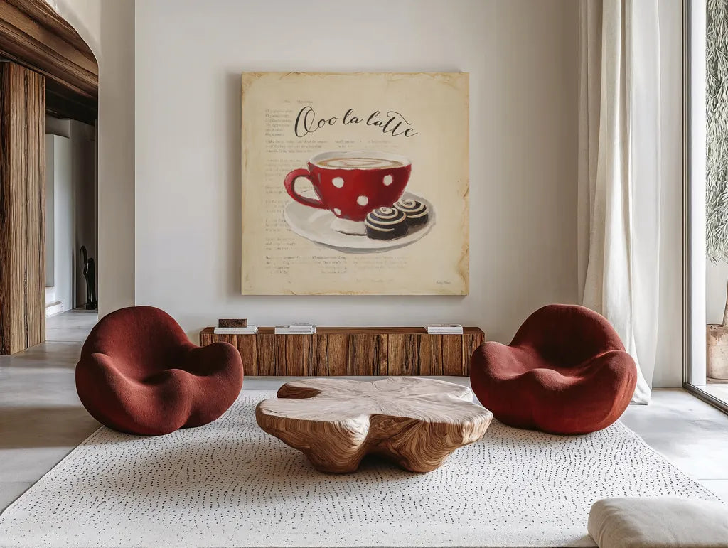 Ooo La Latte by Emily Adams. Shown as extra-large giant wall art in a modern living room. Available as an archival giclee rolled canvas, fine art paper, or poster print. SKU 19055a.