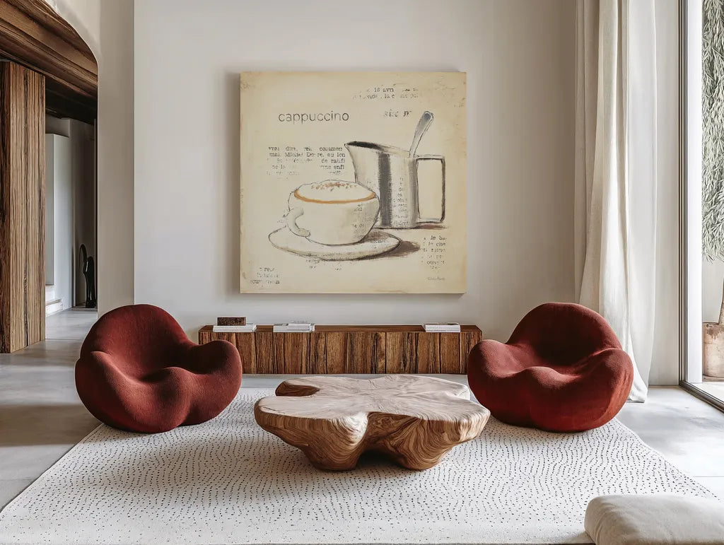 Parisian Coffee IV by Emily Adams. Shown as extra-large giant wall art in a modern living room. Available as an archival giclee rolled canvas, fine art paper, or poster print. SKU 11258a.