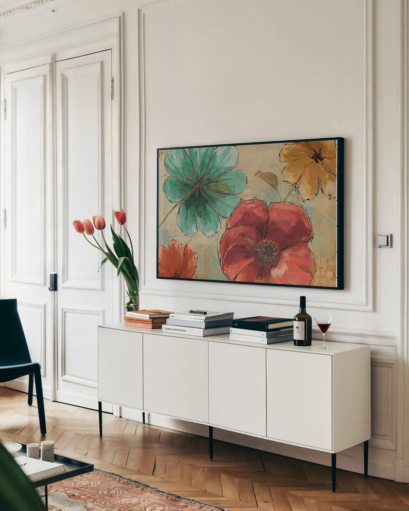 Rainbow I by Emily Adams. shown as a framed stretched canvas in a living room above a console. Available as a archival giclee rolled canvas, fine art paper, or poster print. SKU 12243i.