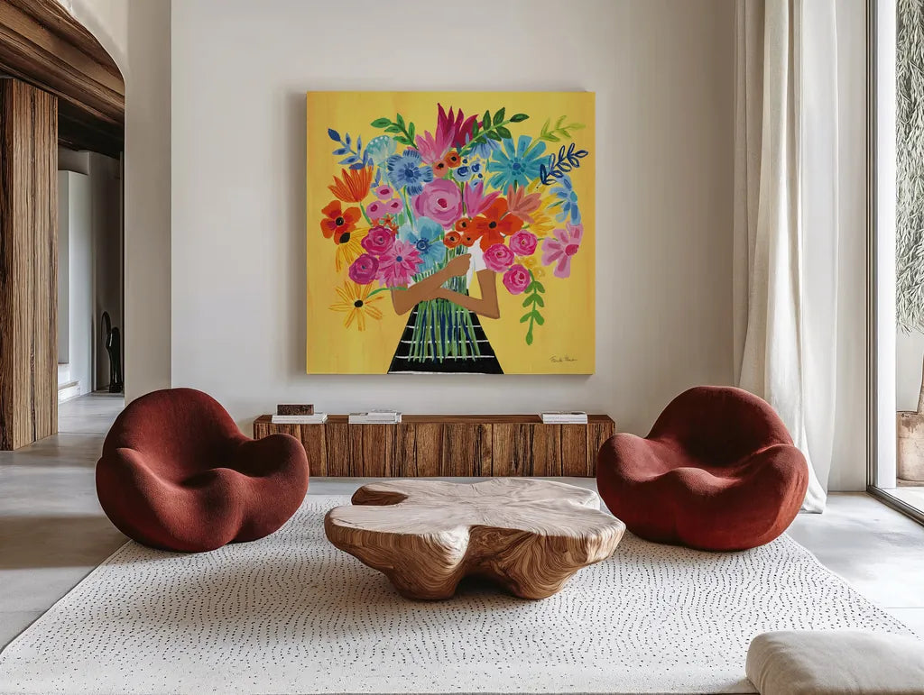 A Bunch of Flowers III by Farida Zaman. Shown as extra-large giant wall art in a modern living room. Available as an archival giclee rolled canvas, fine art paper, or poster print. SKU 70055a.