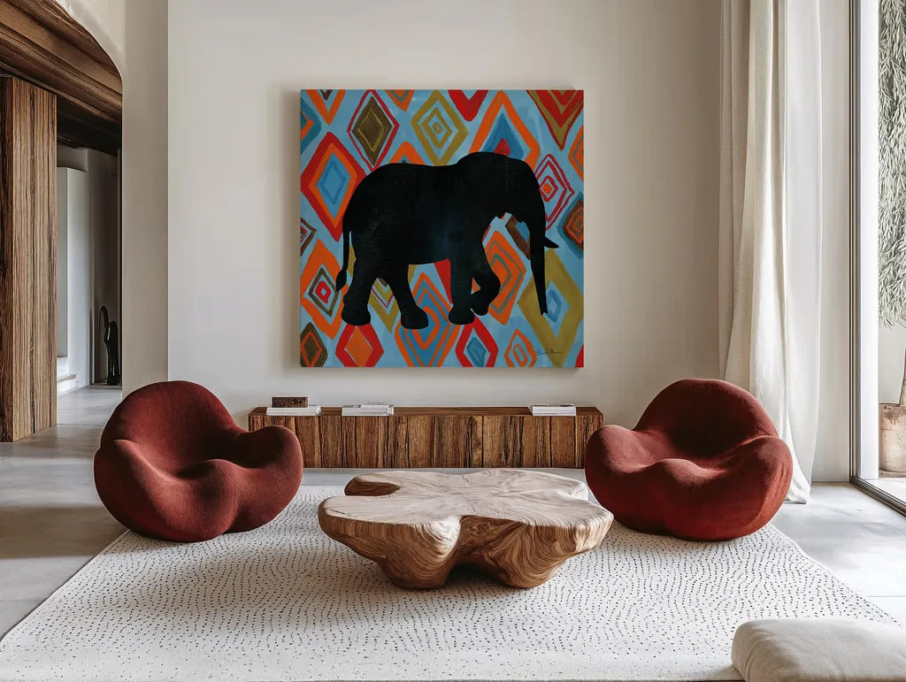 African Animal I by Farida Zaman. Shown as extra-large giant wall art in a modern living room. Available as an archival giclee rolled canvas, fine art paper, or poster print. SKU 42837a.