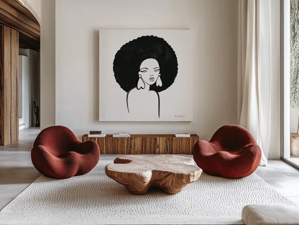 Afro Girl I by Farida Zaman. Shown as extra-large giant wall art in a modern living room. Available as an archival giclee rolled canvas, fine art paper, or poster print. SKU 68003a.