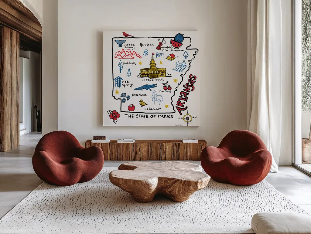 Arkansas by Farida Zaman. Shown as extra-large giant wall art in a modern living room. Available as an archival giclee rolled canvas, fine art paper, or poster print. SKU 87821a.