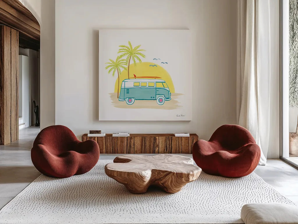 Beach Cruiser I by Farida Zaman. Shown as extra-large giant wall art in a modern living room. Available as an archival giclee rolled canvas, fine art paper, or poster print. SKU 72532a.